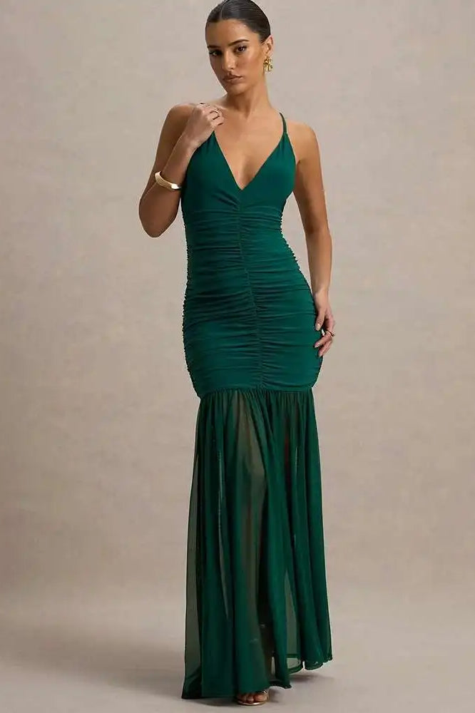 Patchwork V Neck Ruched Backless Maxi Dress