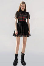 Gothic Lace Spliced Plaid Sexy A Line Short Sleeve Dress