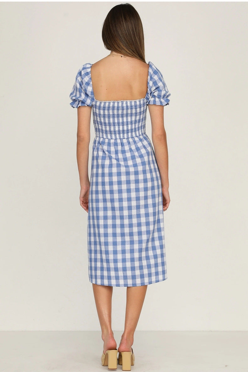 Rye Puff Sleeve Gingham Midi Dress Navy