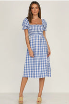 Rye Puff Sleeve Gingham Midi Dress Navy