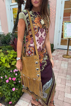 Bohemian Style Floral Print Tassel Trim Irregular Hem Slit Scarf Midi Dress