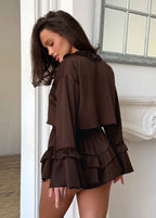Ruffle Trim Long Sleeve Top and Shorts Set