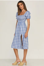 Rye Puff Sleeve Gingham Midi Dress Navy