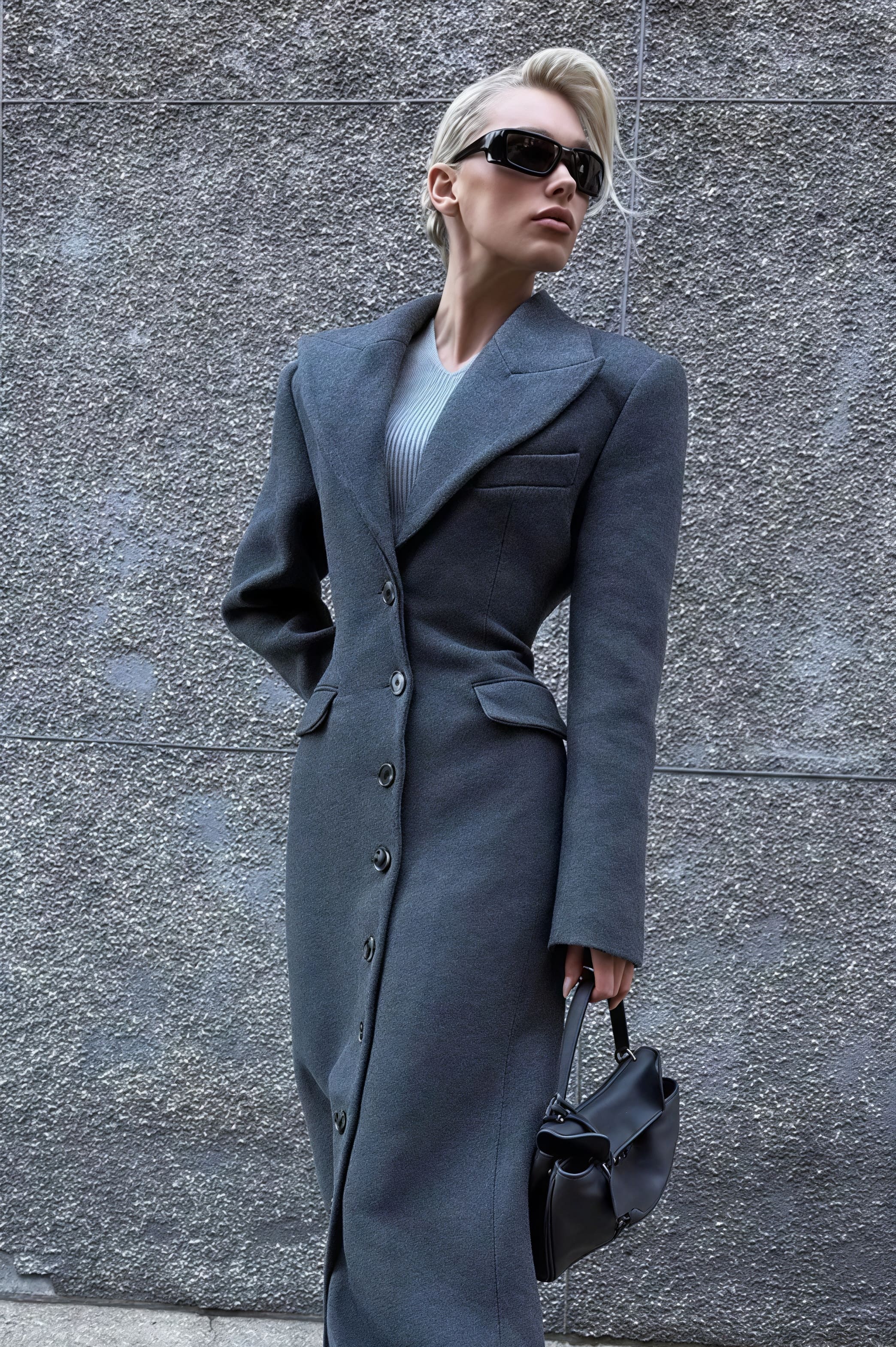 Wool Blend Elegant Lapel High Waist Long  Overcoat