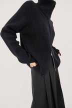 Black Solid Zipper Up Placket Cardigan