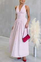 Polka Dot Print Halter Neck Fitted Waist Holiday Maxi Dress