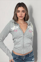 Letter Print Zip-Up Cropped Hoodie