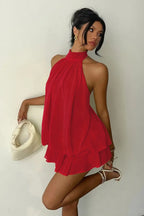 Sexy Backless Halter Tie Waist Slim Fit Ruffled Mini Dress