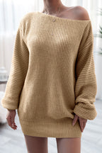 Ribbed Knit Boat Neck Long Sleeve Loose Mini Dress