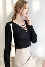 Slim Fit Lace Up V Neck Sweater