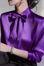 Solid Color Lapel Bow Tie Long-sleeved Casual Shirt