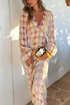 Yolanda Boutique V Neck Lantern Sleeves Geometric Print Maxi Dress Premium Wardrobe Essential