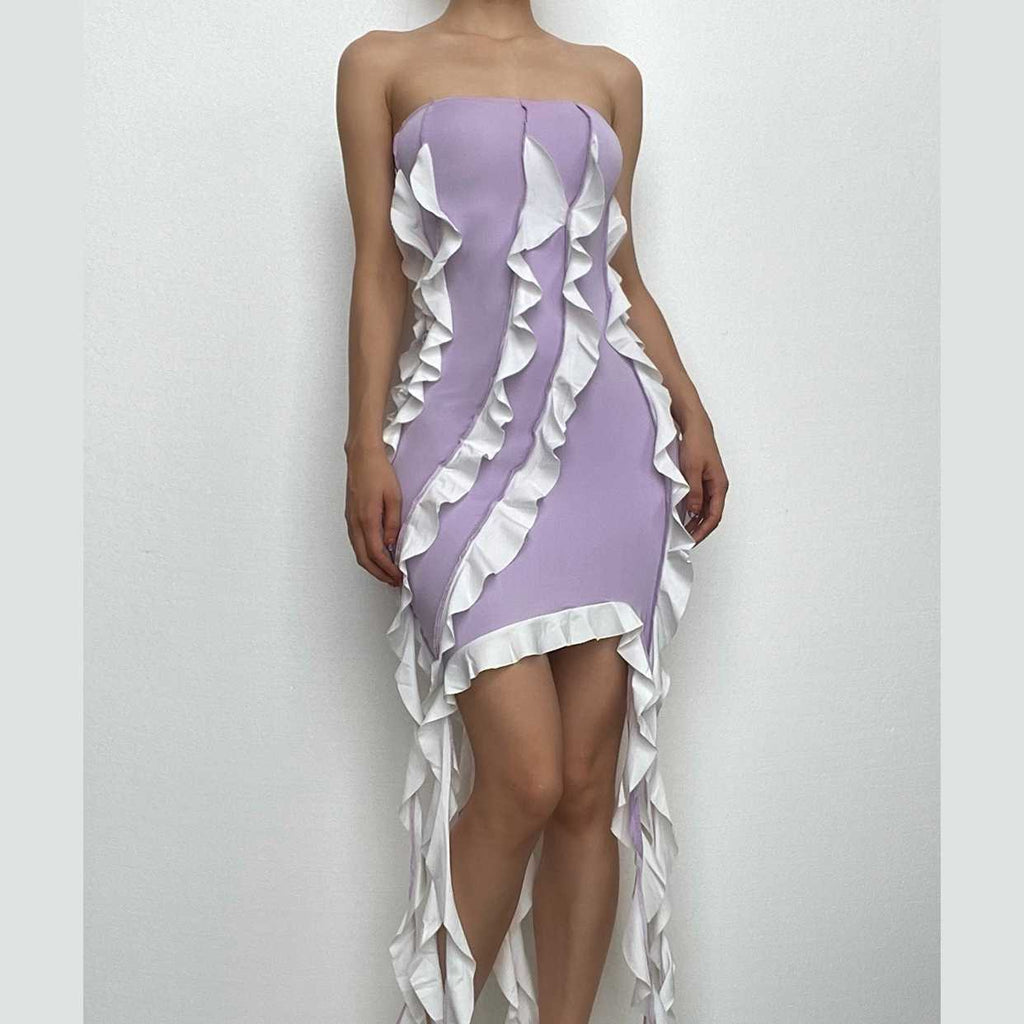 Ruffle contrast irregular backless tube mini dress