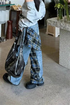 Plaid Patchwork High Waist Denim Pant