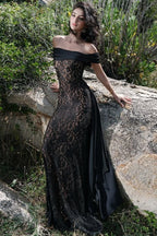 Sexy Lace Insert Off Shoulder Maxi Formal Dress