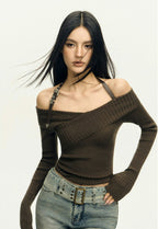 Ribbed Off-Shoulder Brown Knit Top