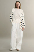 Cotton Stripe V Neck Cardigan