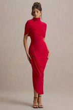 Solid High Neck Pleated Slim Waist Maxi Dress