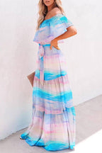 Chest Wrap Printed Full Skirt Dress