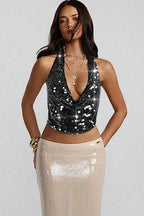Sequin Backless Halter Crop Top