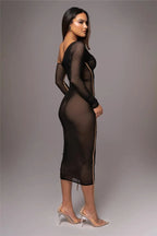 Diagonal Collar Mesh Midi Dress
