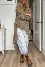 Boho Style Crochet Long Sleeve High Low A-line Maxi Top