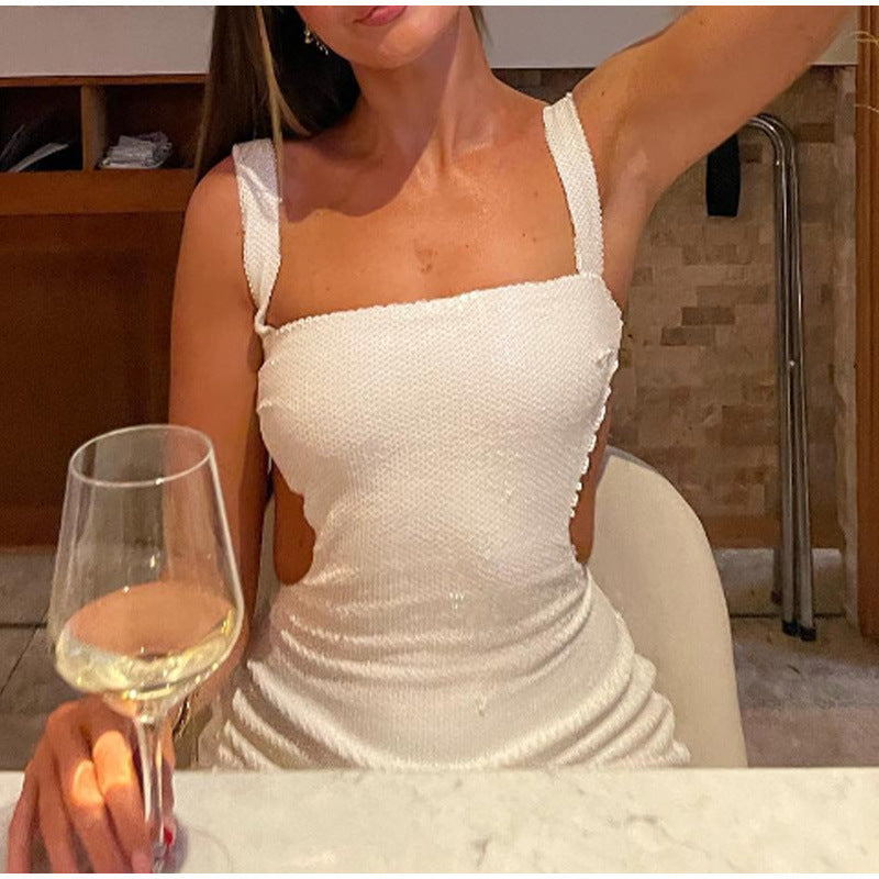 Edith Chic Charming Sequin Sling Square Collar Backless Dress Skirt Evening Wear Edit