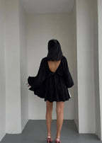 Deep V-Neck Lantern Sleeve Mini Dress – Flowy Loose Fit