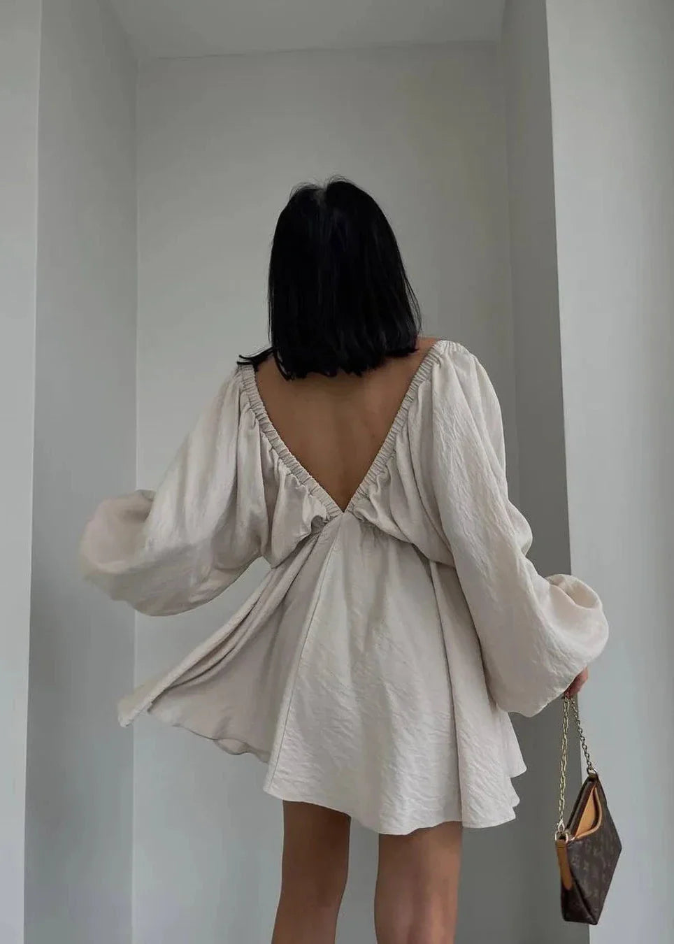 Deep V-Neck Lantern Sleeve Mini Dress – Flowy Loose Fit
