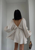 Deep V-Neck Lantern Sleeve Mini Dress – Flowy Loose Fit