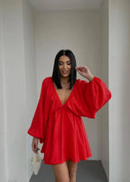 Elegant V-Neck Mini Dress - Chic Lantern Sleeve Party Gown