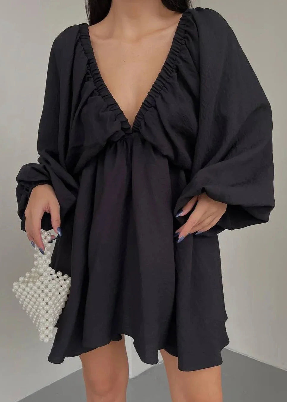 Deep V-Neck Lantern Sleeve Mini Dress – Flowy Loose Fit