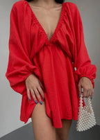 Elegant V-Neck Mini Dress - Chic Lantern Sleeve Party Gown