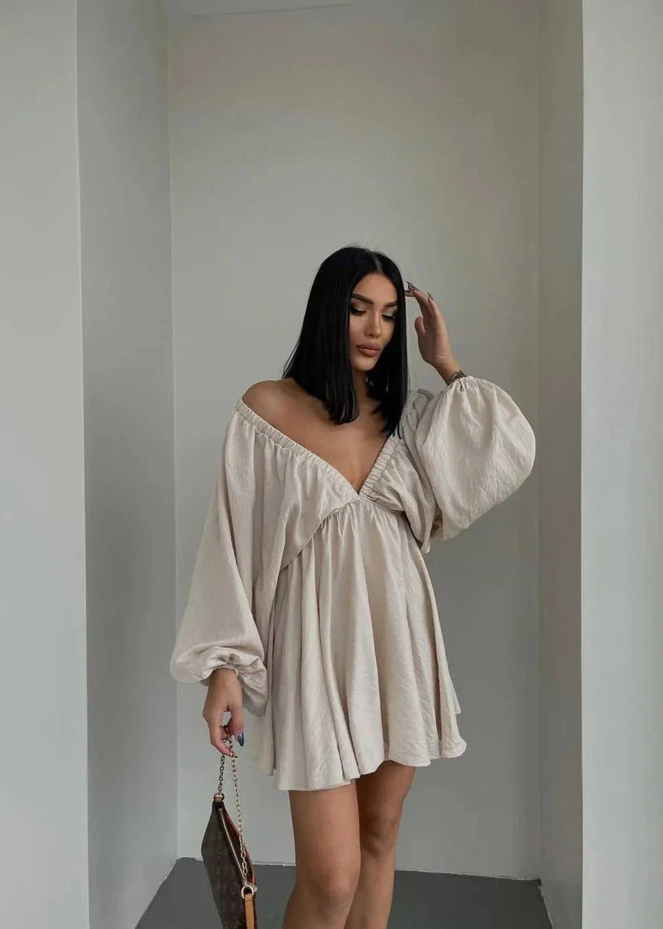 Deep V-Neck Lantern Sleeve Mini Dress – Flowy Loose Fit