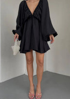 Deep V-Neck Lantern Sleeve Mini Dress – Flowy Loose Fit