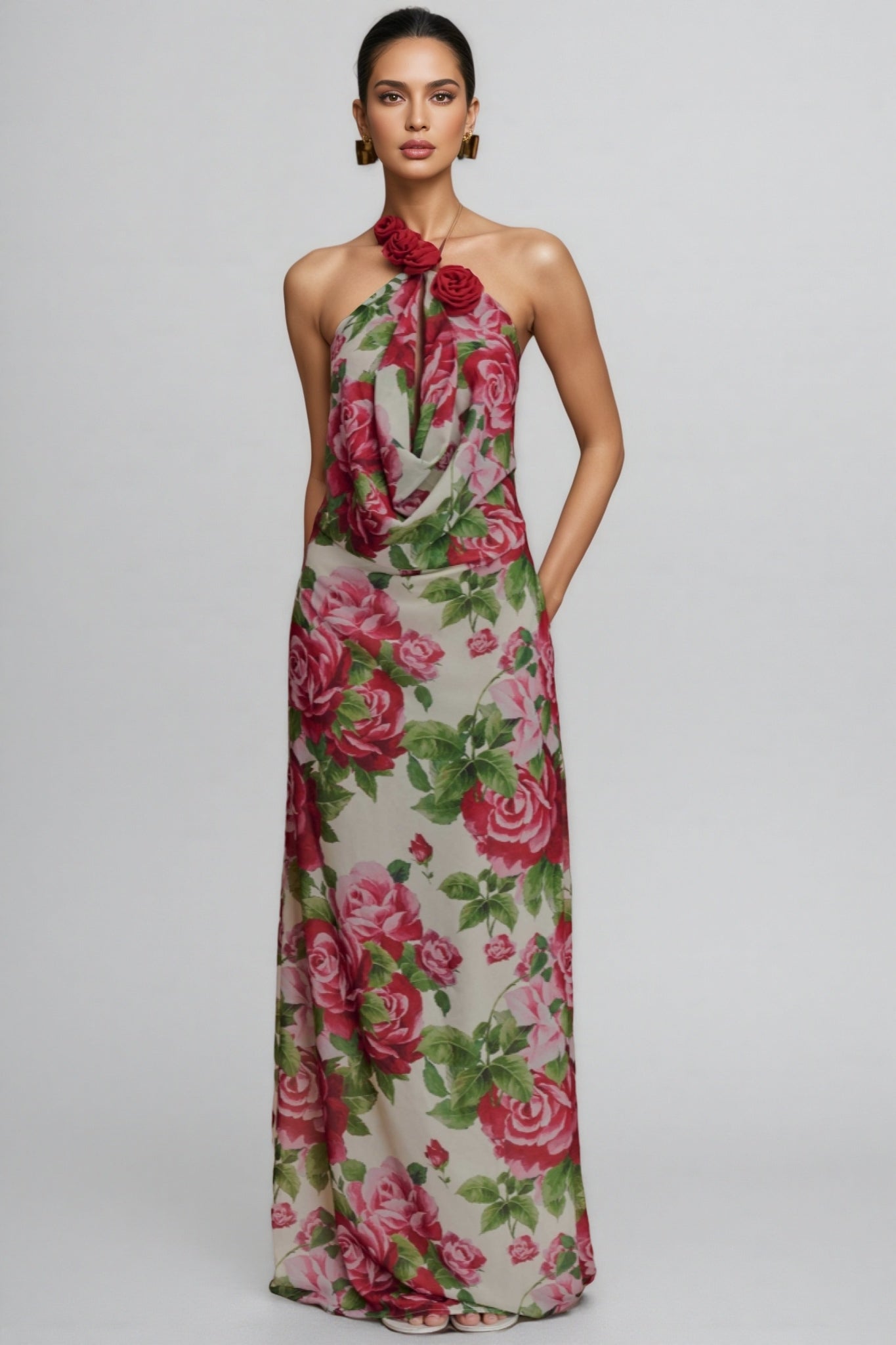 Ysraela Cowl Neck 3D Floral Maxi Dress