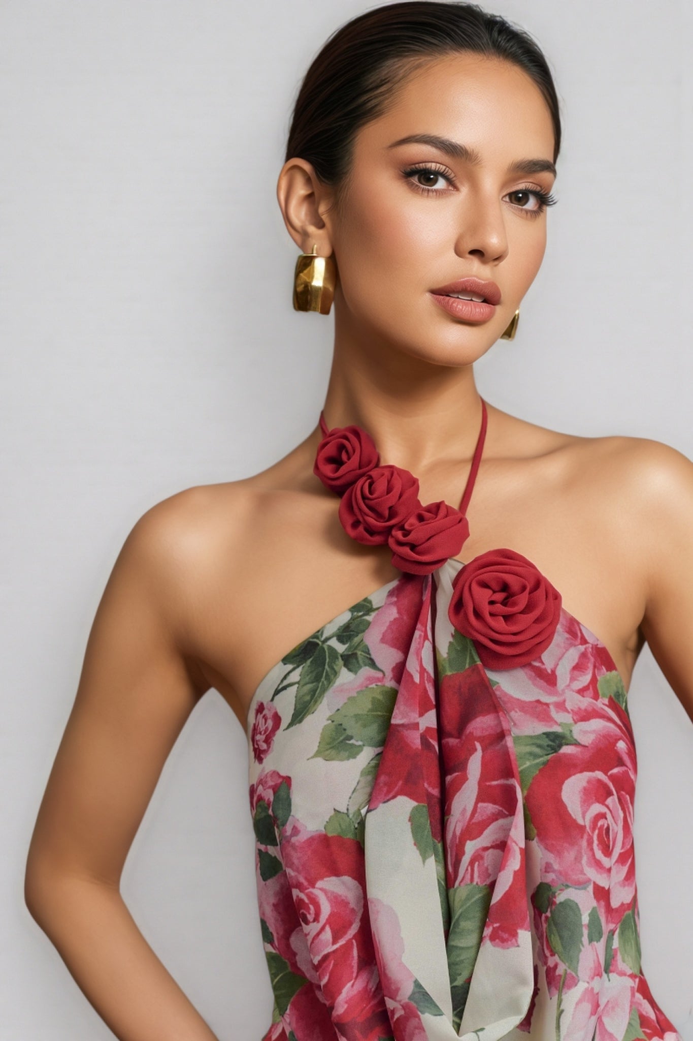 Ysraela Cowl Neck 3D Floral Maxi Dress