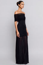 Nivenae Slinky And Mesh Off Shoulder Maxi Dress