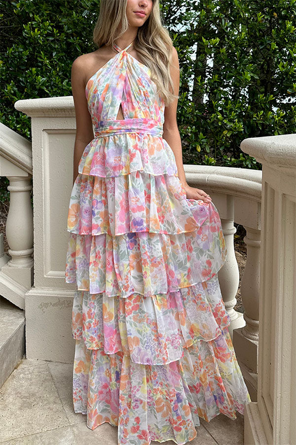 Harmony Floral Print Tiered  Ruffle Cross Halter Backless Vacation Maxi Dresses