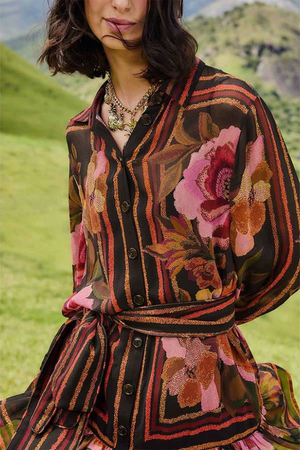 Vintage floral striped waist shirt dress