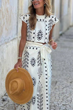 Off-white Skirt and Black Printed Tights Two-piece Set