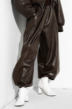 Drawstring Cuff PU Leather Relaxed Pants