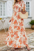 Floral Print Round Neck Short Sleeve Tiered Maxi Dress