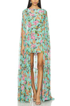 Garden Party Contrast Floral Print High Low Cape Maxi Dress