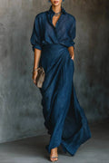 Elegant Dark Blue Cotton And Linen Blend Shirt Long Skirt Set