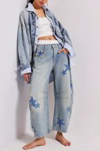 Fashionable Printed Casual Loose Mid-rise Pocket Leg Jeans