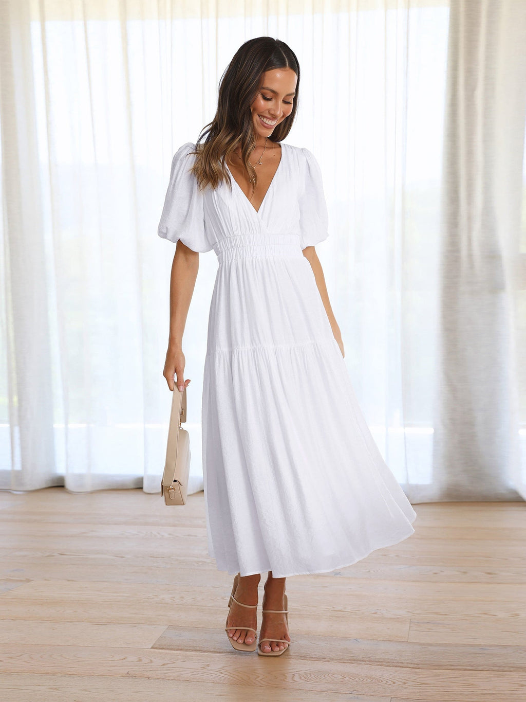 Nancy Chic V Neck Dress with Puff Sleeves Silhouette Collection
