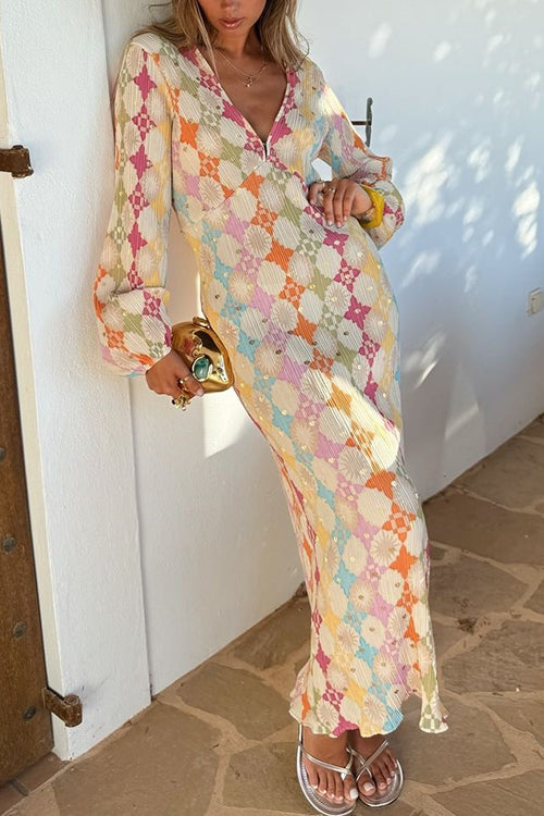 Yolanda Boutique V Neck Lantern Sleeves Geometric Print Maxi Dress Premium Wardrobe Essential