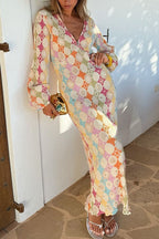 Yolanda Boutique V Neck Lantern Sleeves Geometric Print Maxi Dress Premium Wardrobe Essential
