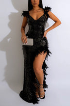 Sexy Feather Sequin Backless Fit Asymmetrical Maxi Dress